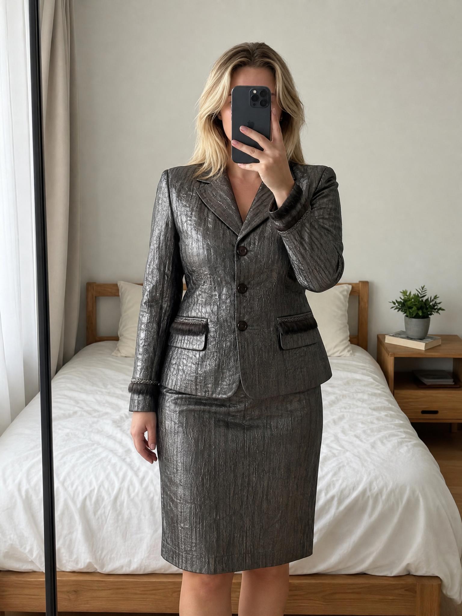 VEZUELLA Metallic Textured Skirt Suit with Fuzzy Trim