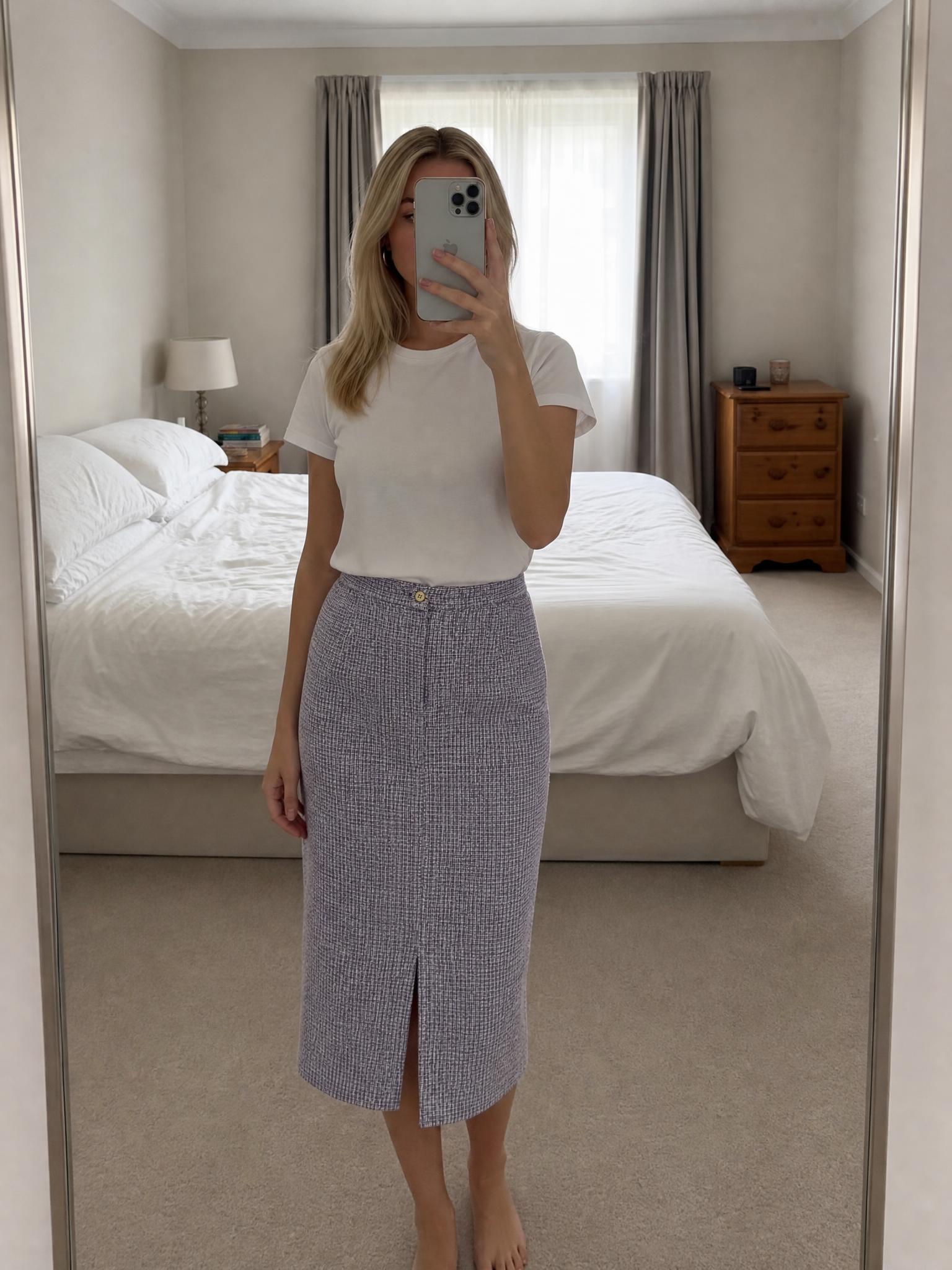 Blue & white tweed-style mini skirt with button fastening