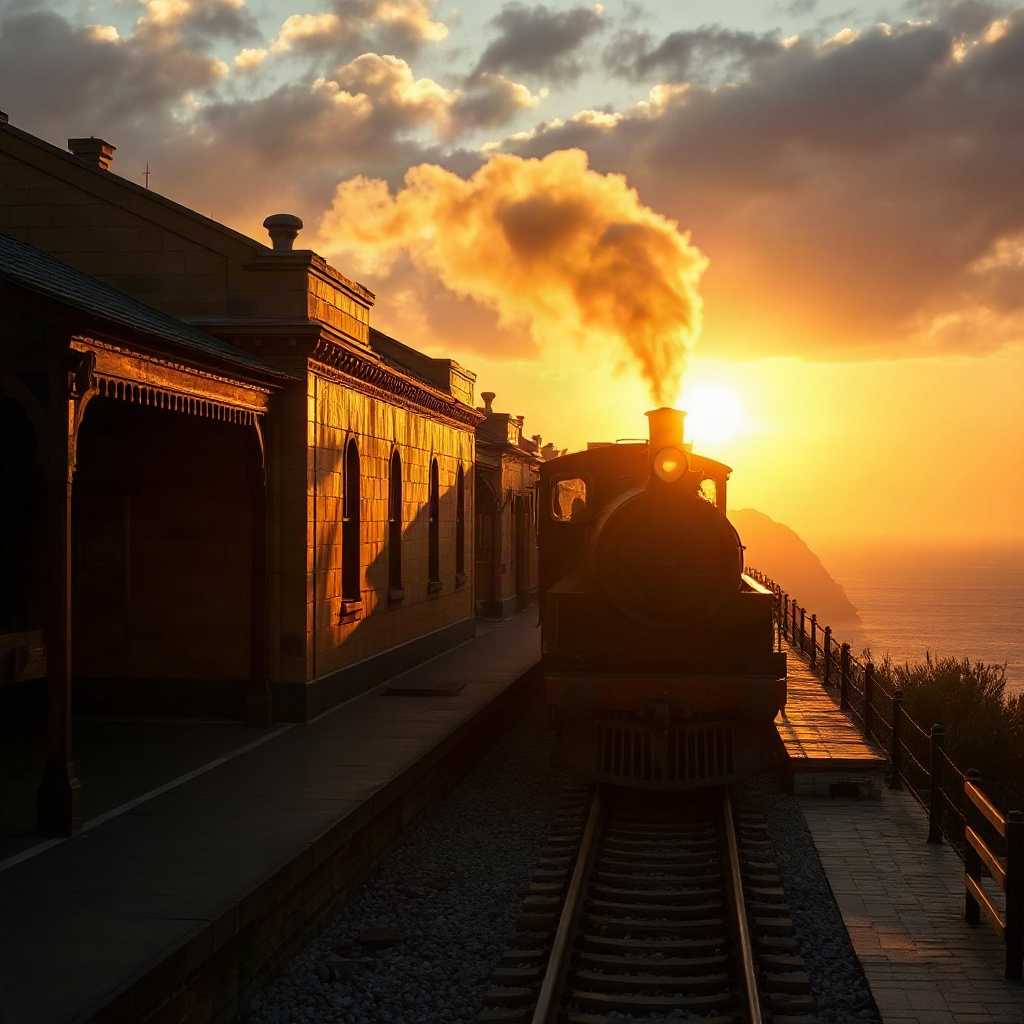 A vintage train pulling into a coastal station at sunrise