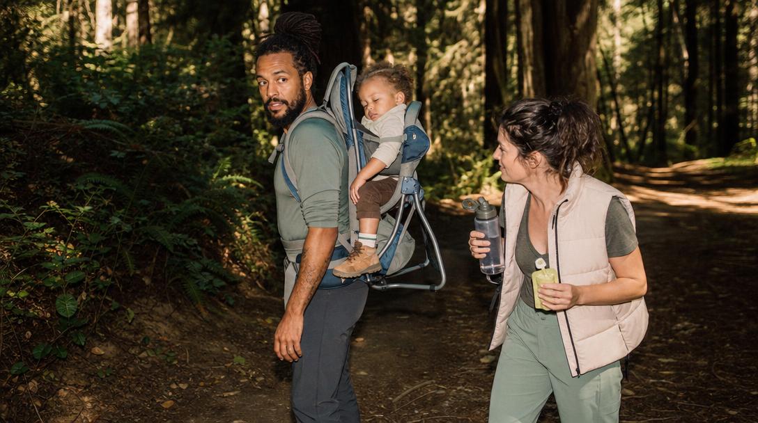 Parent and toddler hiking enjoying snack break