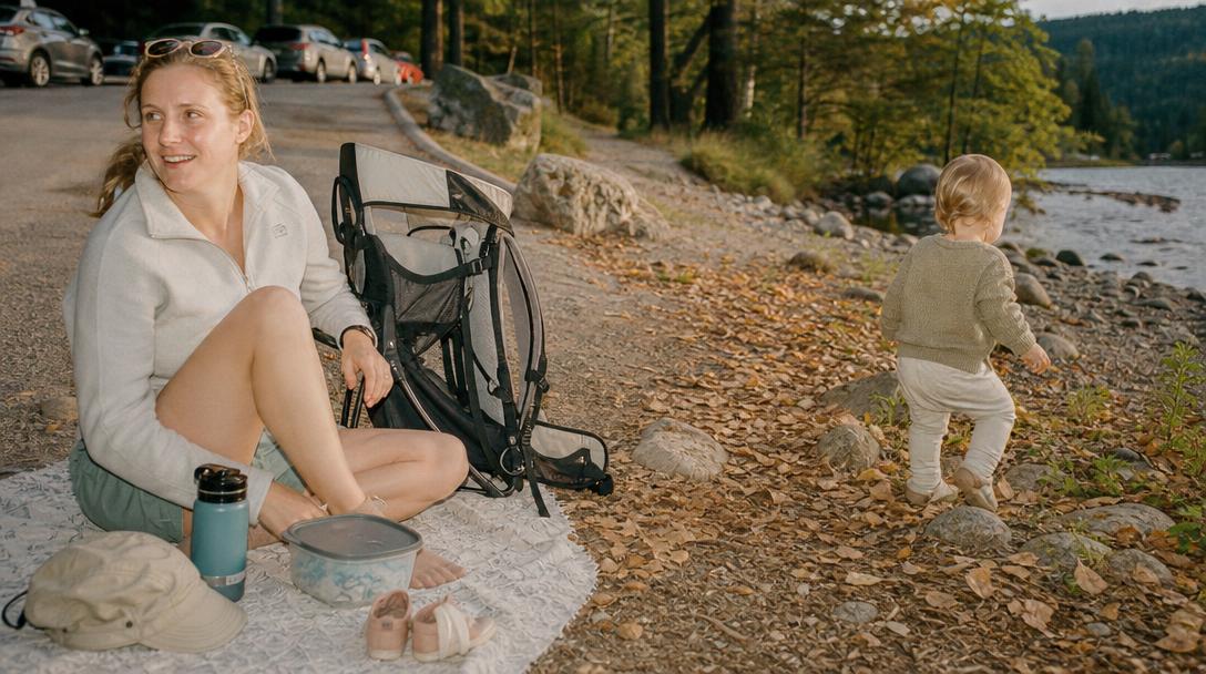 Toddler hiking in layered outdoor clothes on trail