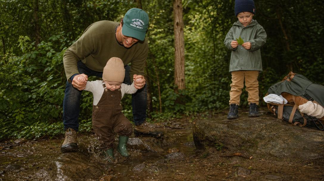 Toddler walking on a trail holding a parent's hand