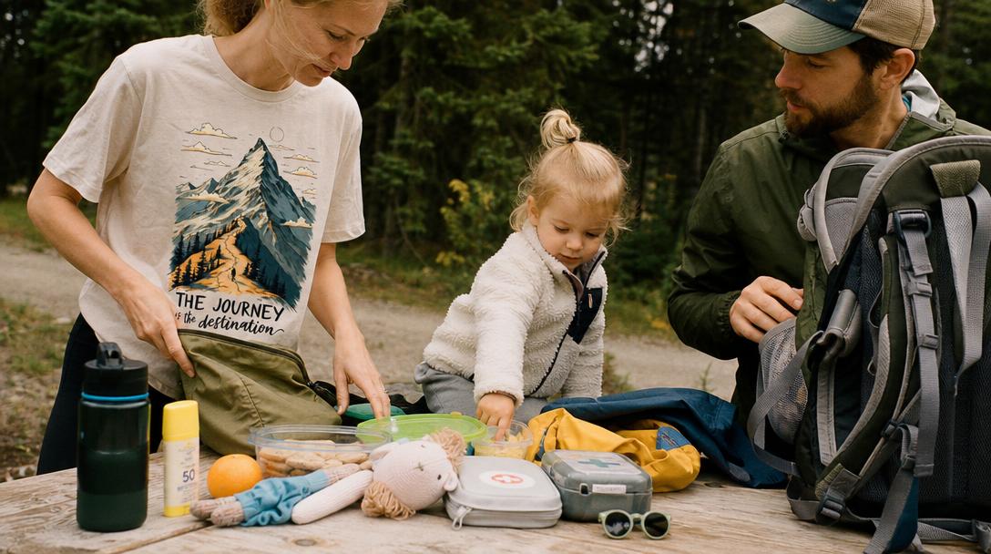 Parent hiking with toddler on a forest trail