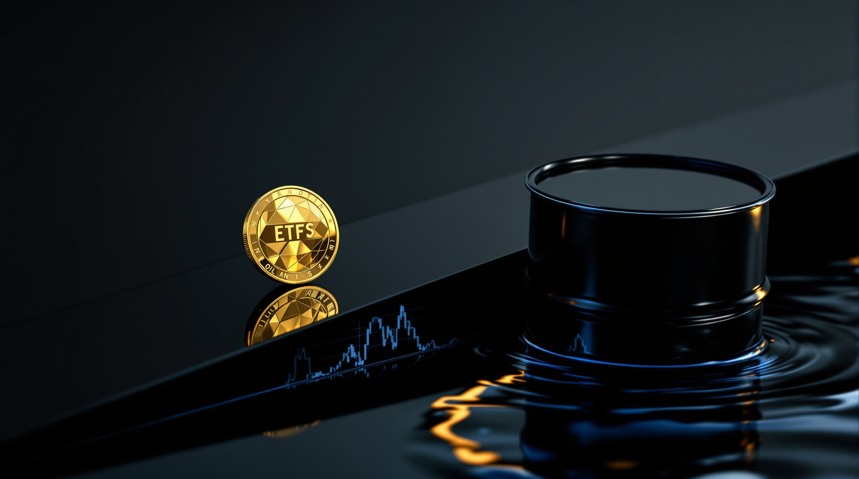 an unbranded faceted gold token perched on an angled black reflective slab opposite a matte black oil drum half-submerged in a glossy liquid pool (no  — editorial cover artwork for the Knightron story on Tech Lifts Nasdaq As Bitcoin ETFs Draw $1bn; Oil Slides 2.75