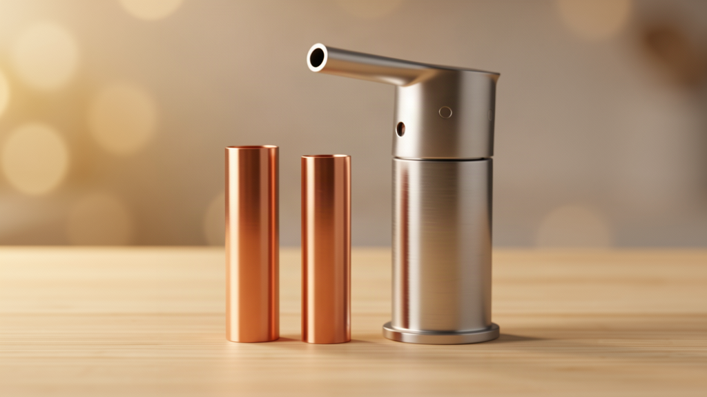 Clean copper pipes and a modern brushed-steel tap on a warmly lit workbench, illustrating a plumbing business ready to answer calls, no text or lettering anywhere