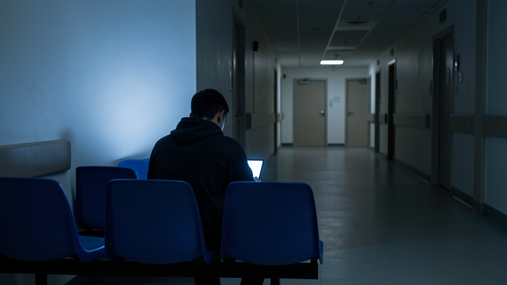 Giovane seduto su una sedia di sala d'attesa di un pronto soccorso di notte, illuminato dallo schermo di un dispositivo
