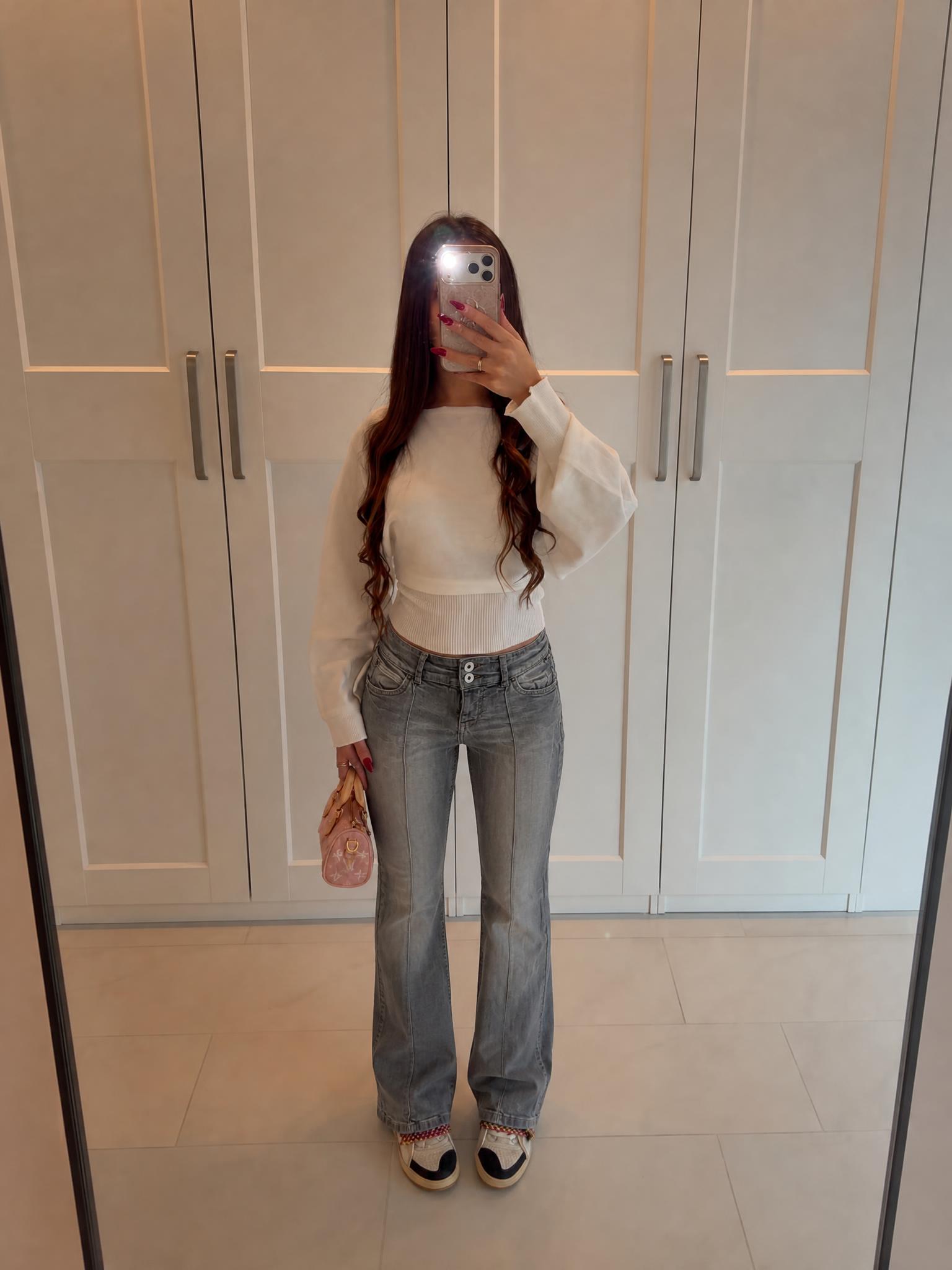Grey faded straight-leg jeans with double-button waist