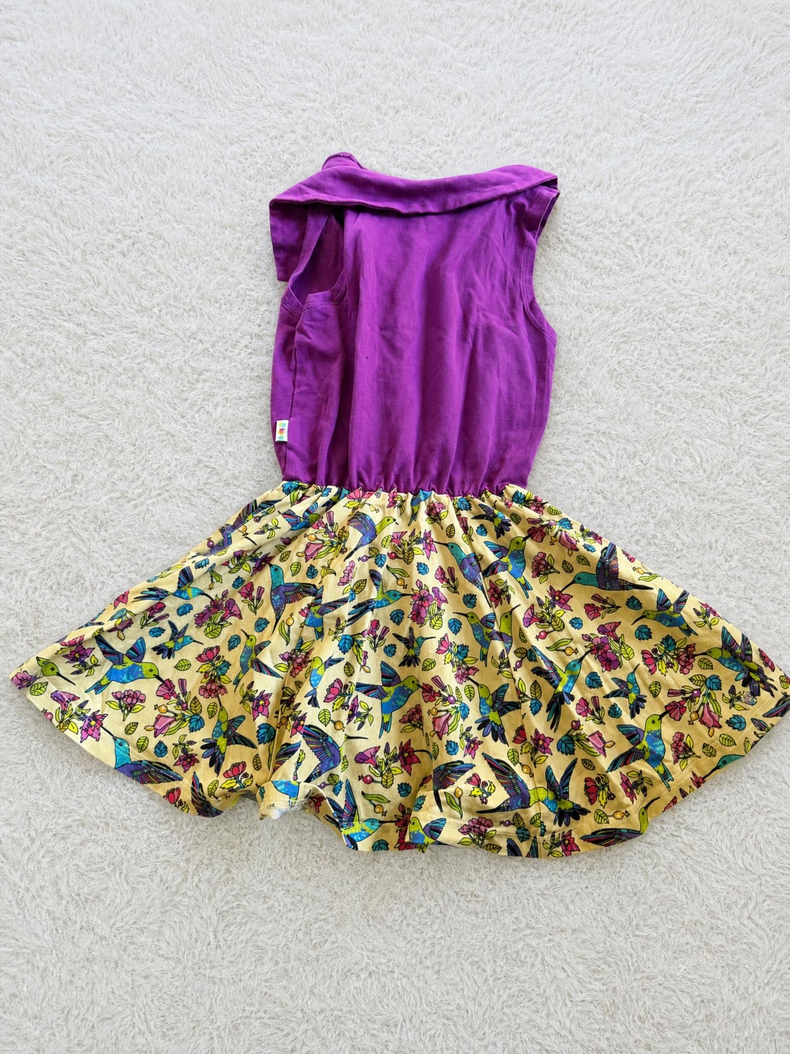 Kids Purple Hummingbird Print Dress with Flared Skirt