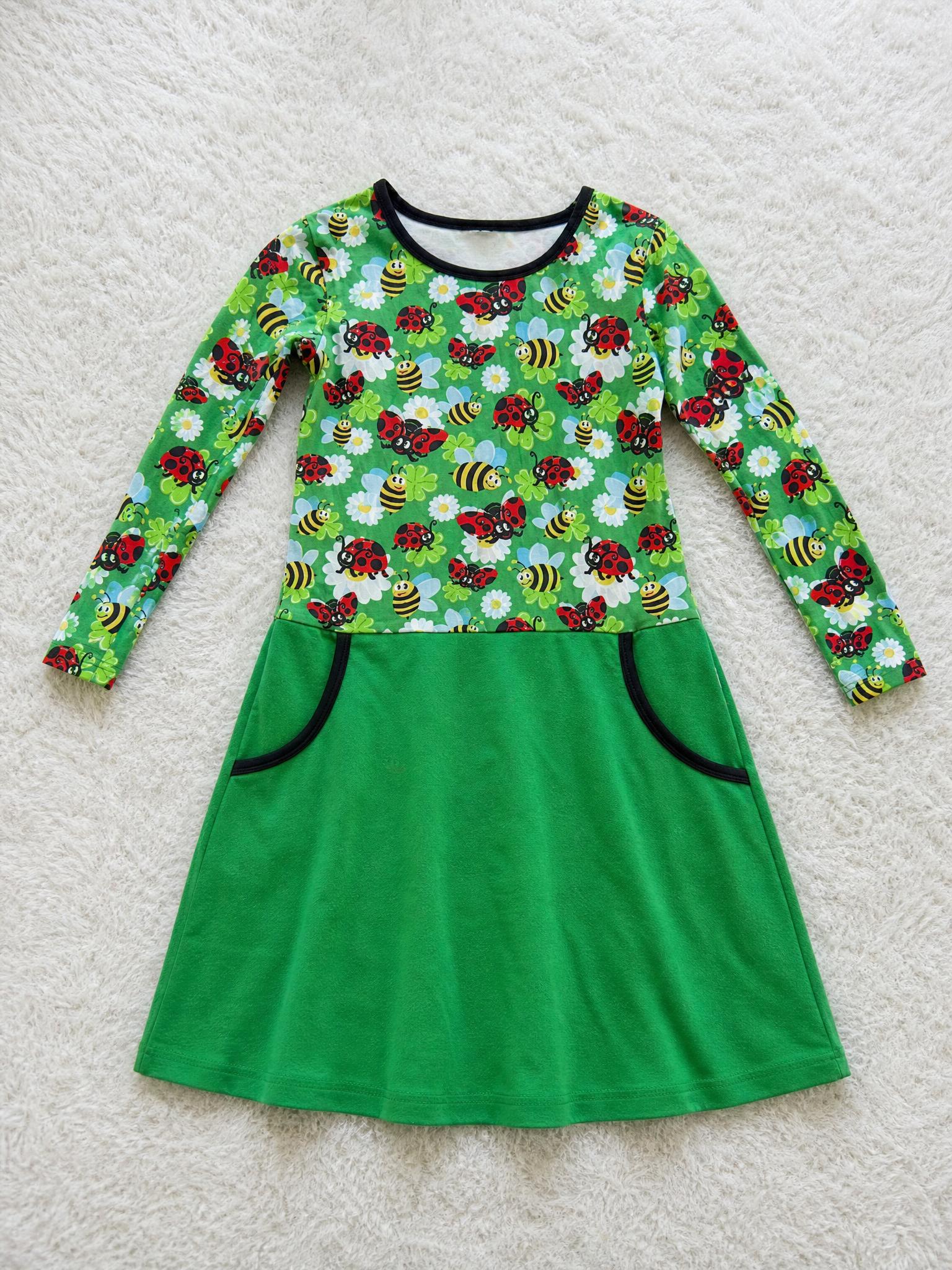Kids green long-sleeve dress with ladybird & bee print