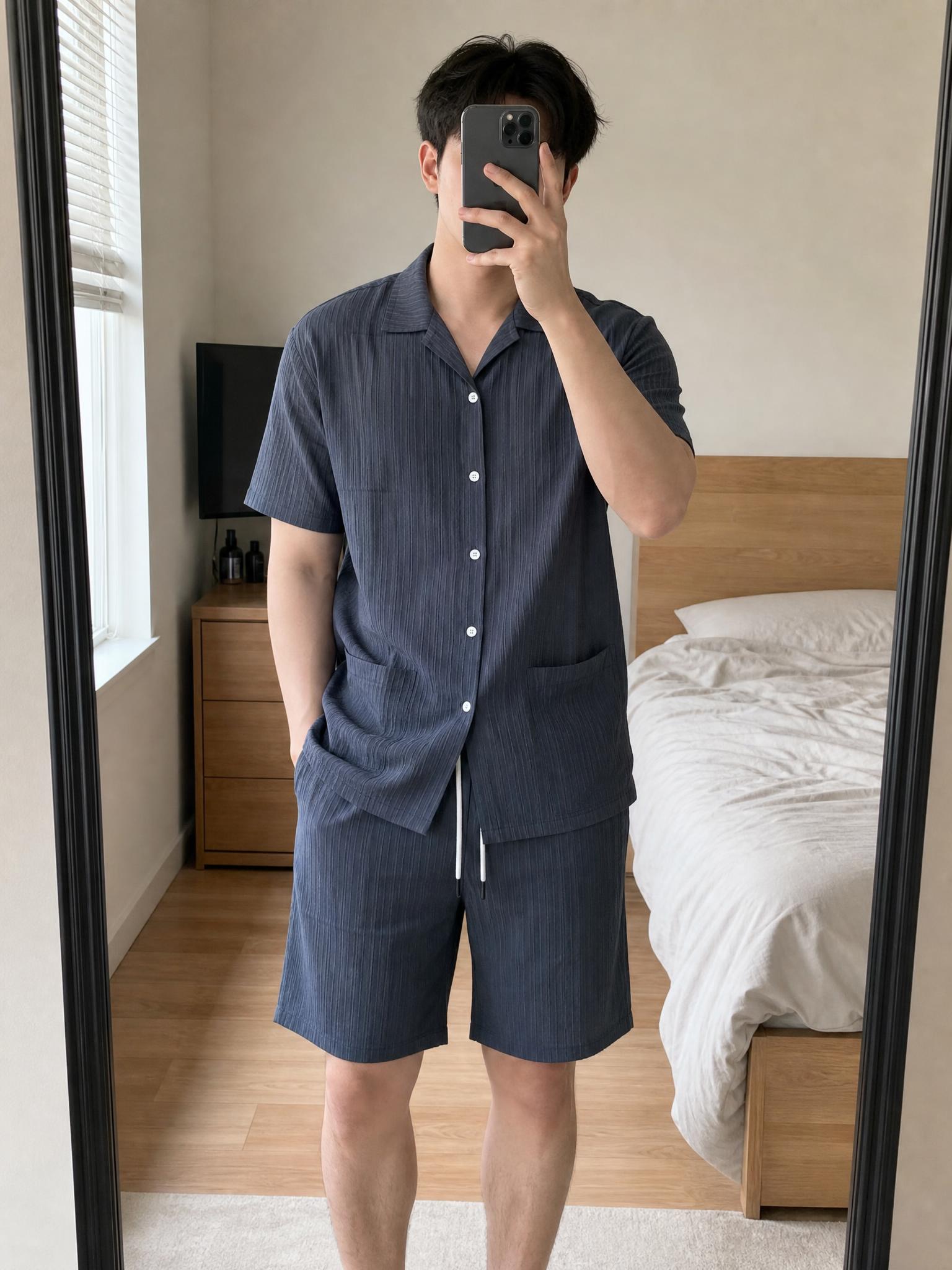 Charcoal Grey Textured Shirt & Shorts Co-ord Set