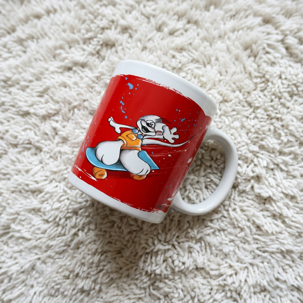 Red cartoon dog ceramic mug with distressed paint effect