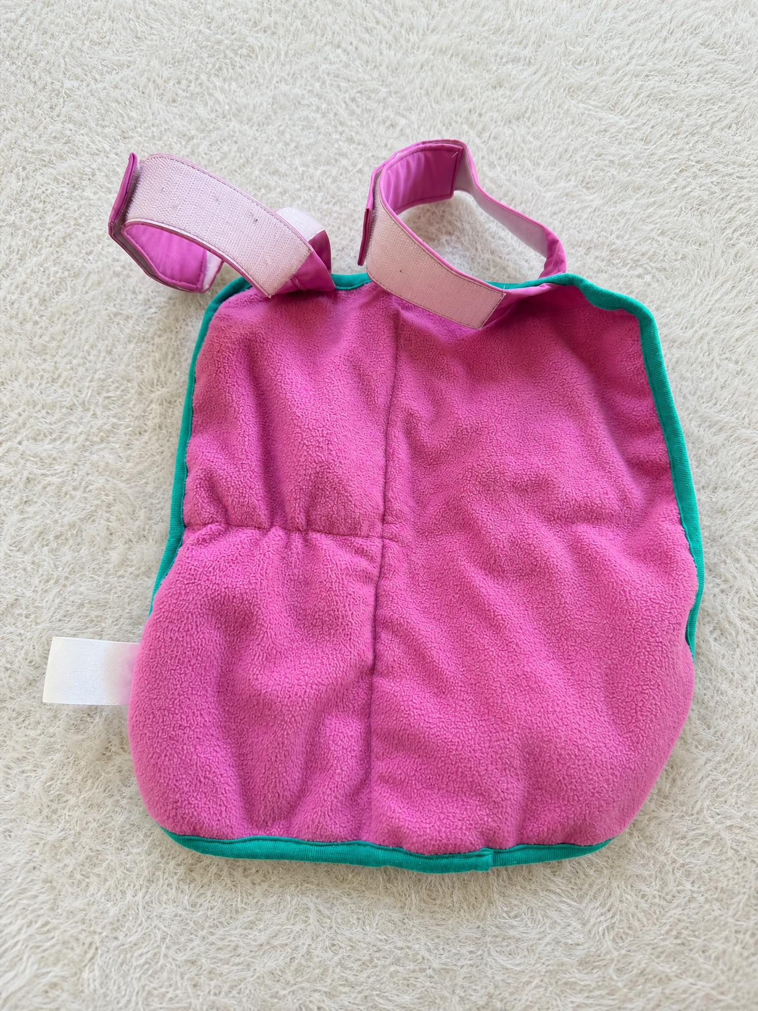 Pink fleece dog coat with green trim – very good condition