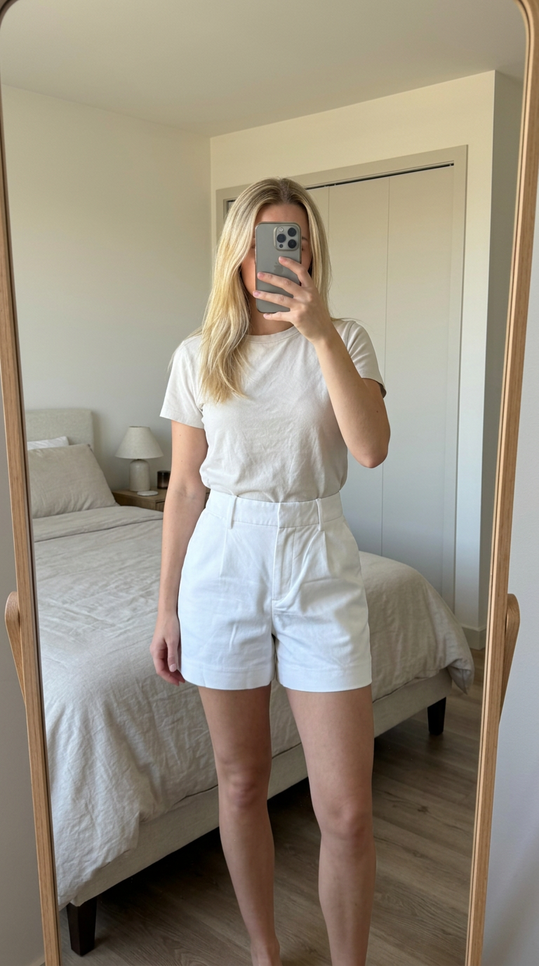 White high-waisted tailored shorts with pockets
