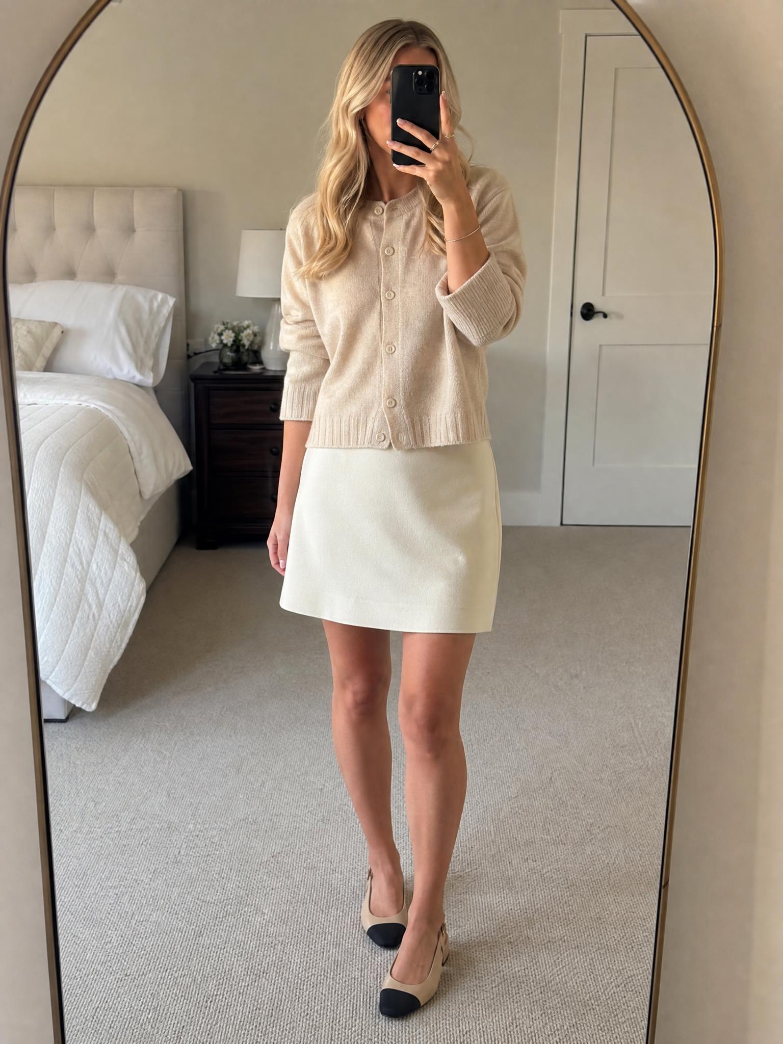 Beige Slingback Shoes with Black Cap Toe & Low Block Heel