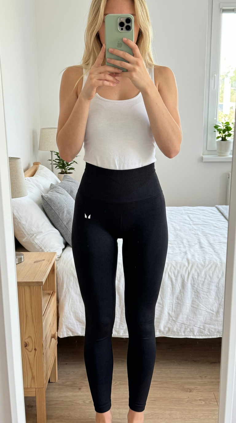 Black high-waisted sports leggings with logo – very good condition