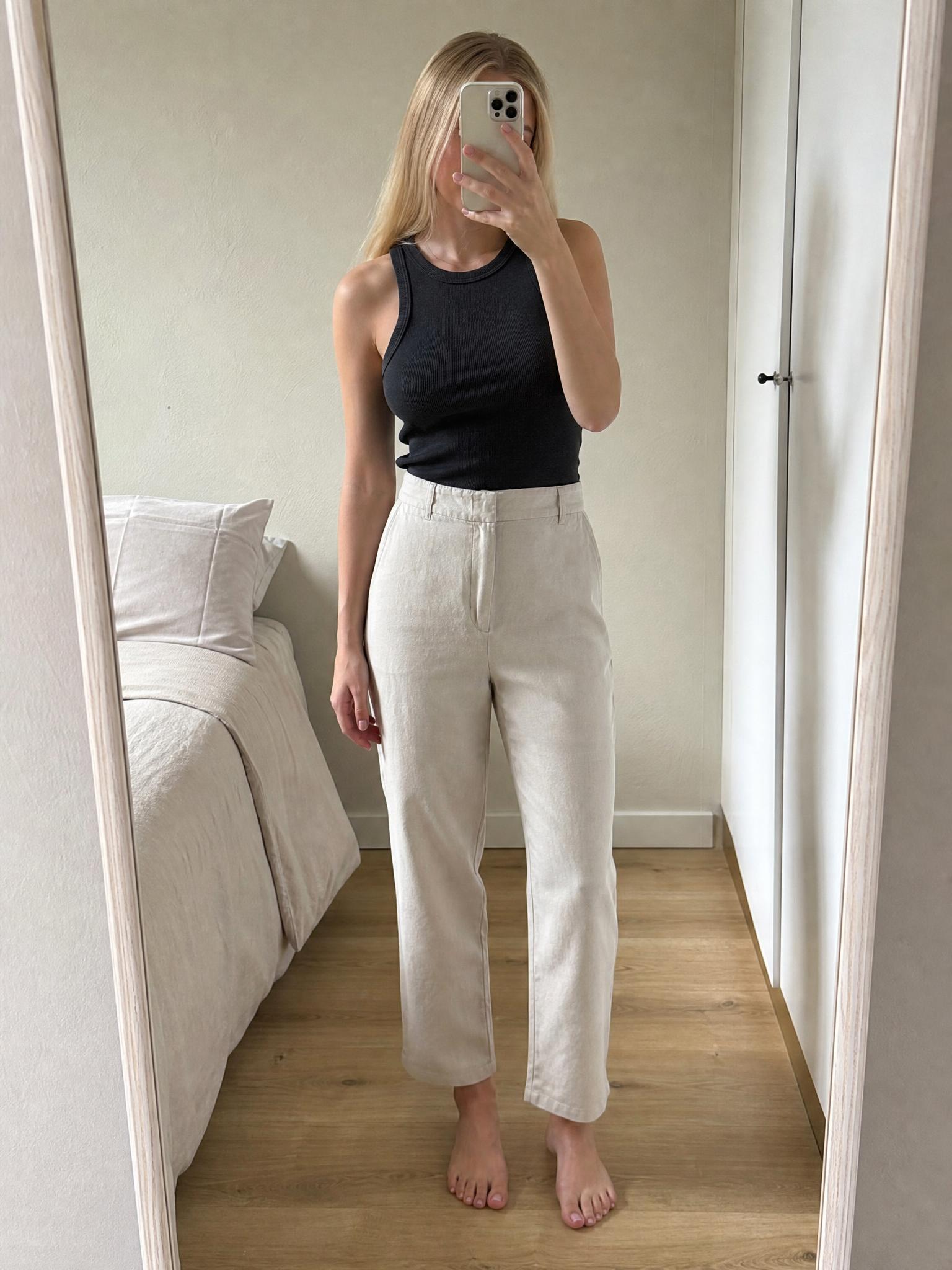 Cream Beige High-Waisted Straight-Leg Trousers