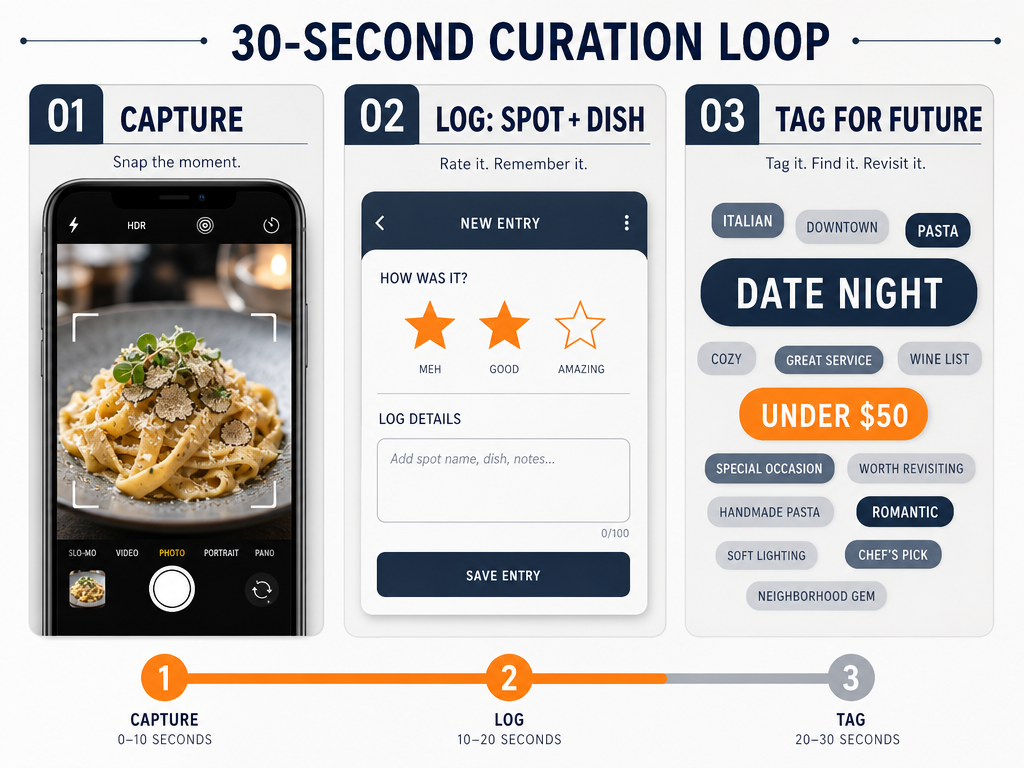 A three-step infographic showing the process of capturing, logging, and tagging restaurant dishes for a searchable personal database.