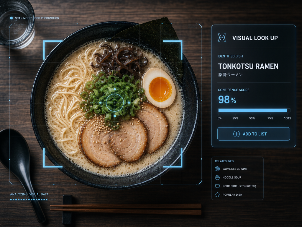 A smartphone interface using AI visual look up to identify a bowl of ramen and provide options for logging the dish into a list.