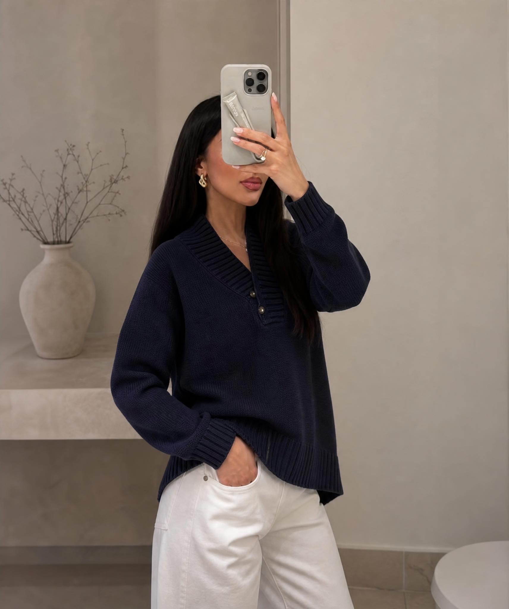 Dark Navy Textured Knit Cardigan with Ribbed Collar