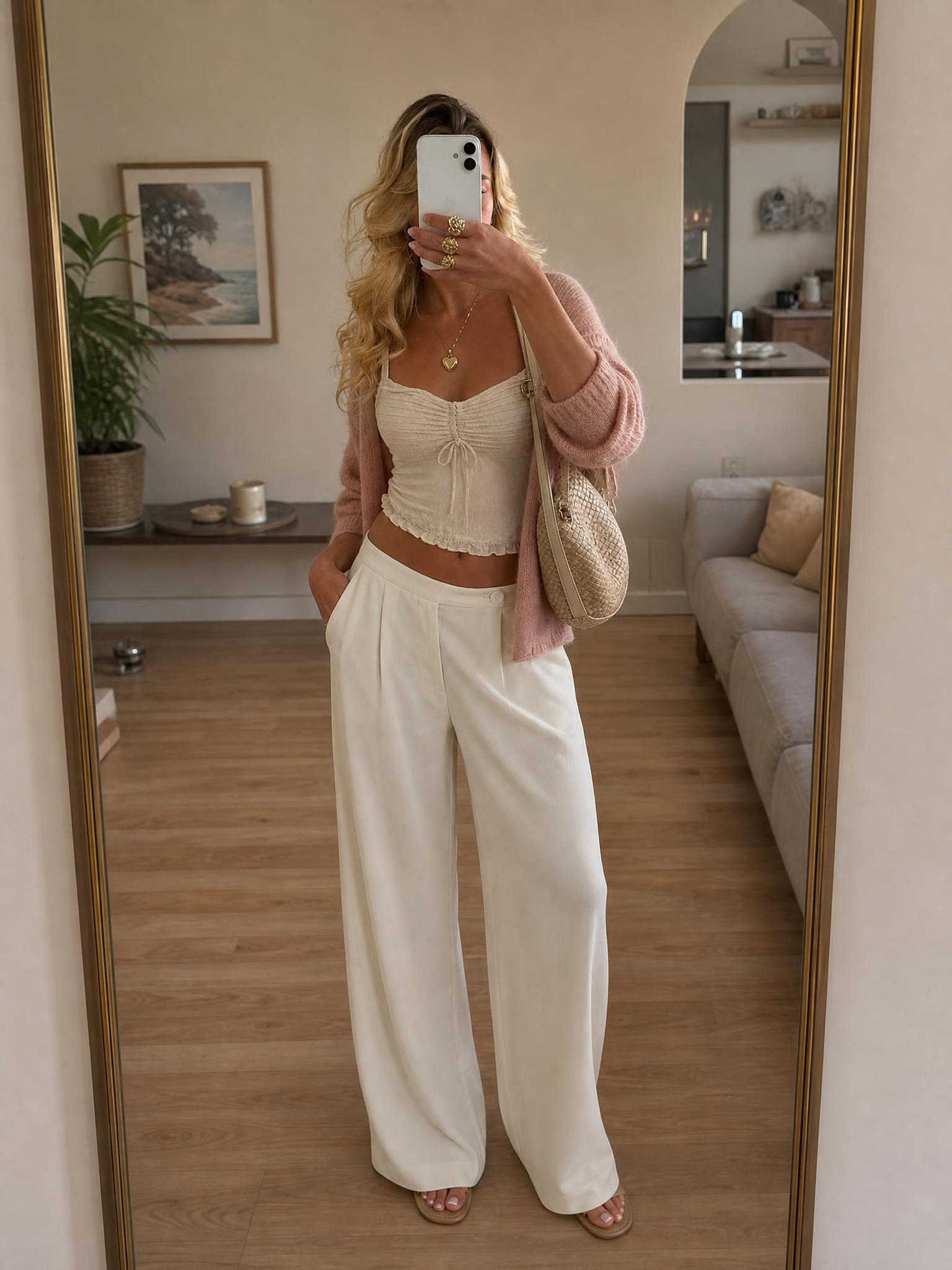 Ivory Cream High-Waisted Wide-Leg Trousers