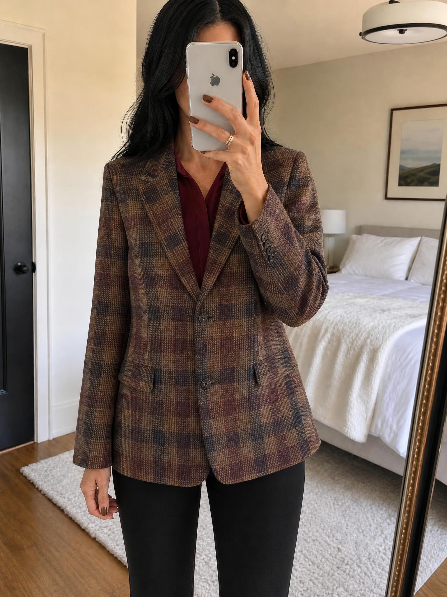 Brown Navy Plaid Tailored Blazer Jacket