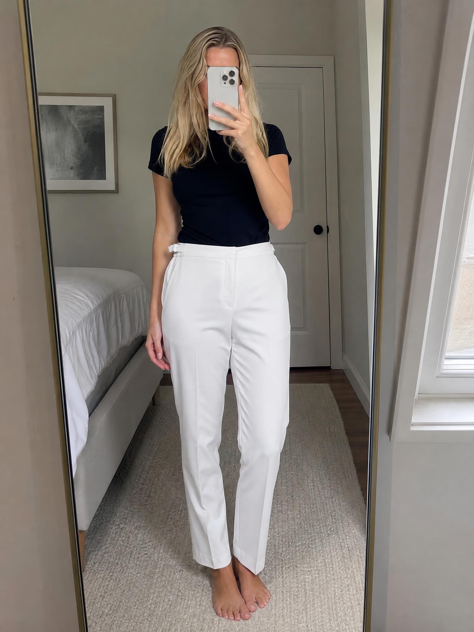 White Slim-Fit Trousers with Side Buckle Detail – Very Good