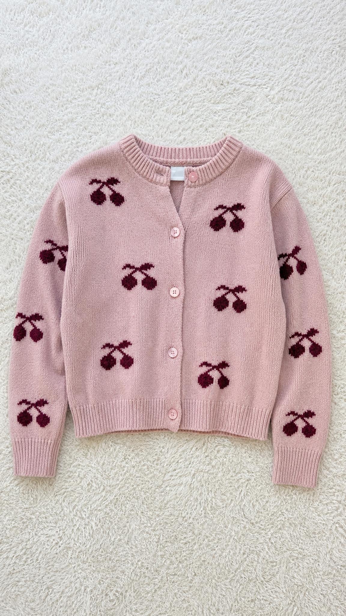 Pink Cherry Pattern Knitted Cardigan for Girls