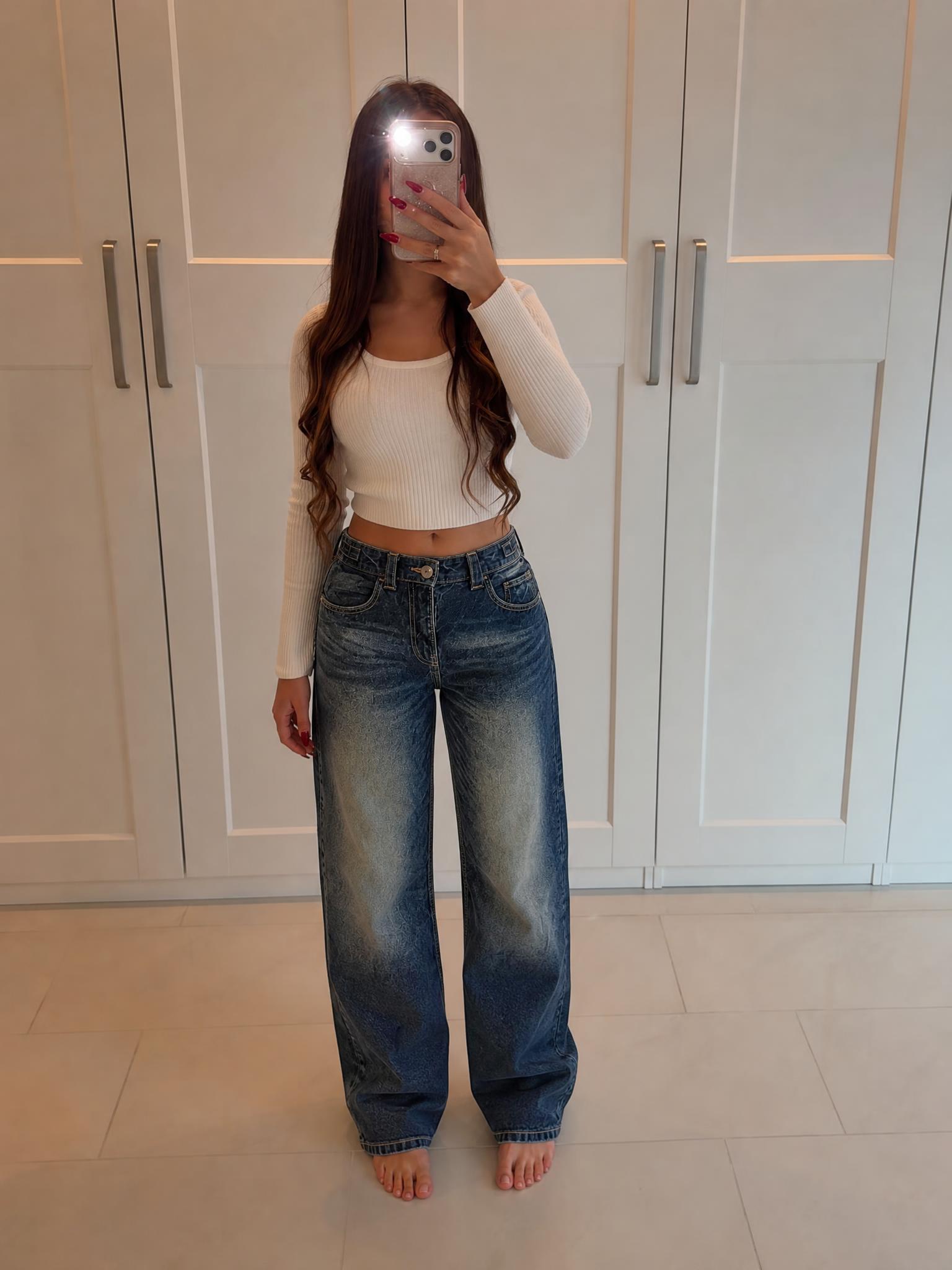 Dark Denim Straight Leg Cargo Jeans with Faded Wash