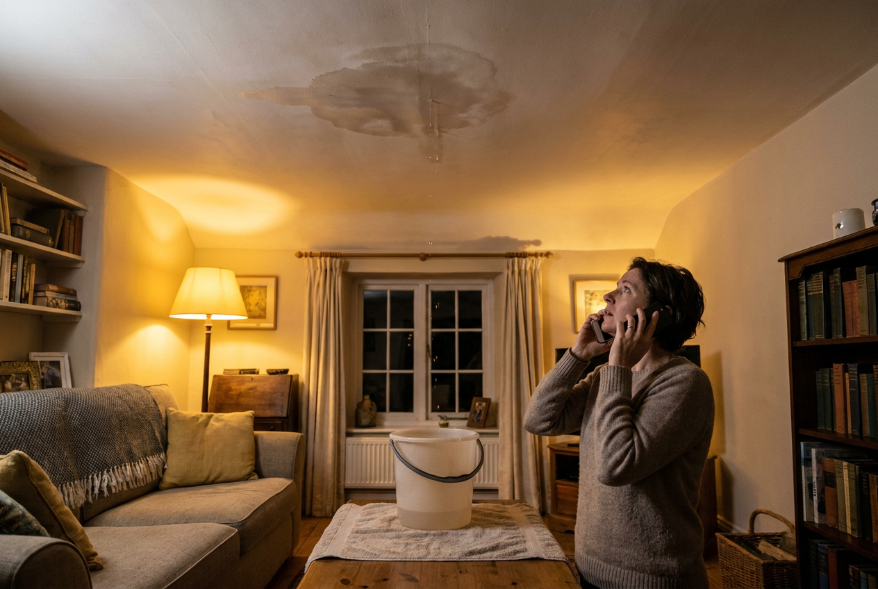 Bezorgde bewoner belt 's avonds om een spoedmelding te doen bij een daklekkage met een emmer onder de druppels