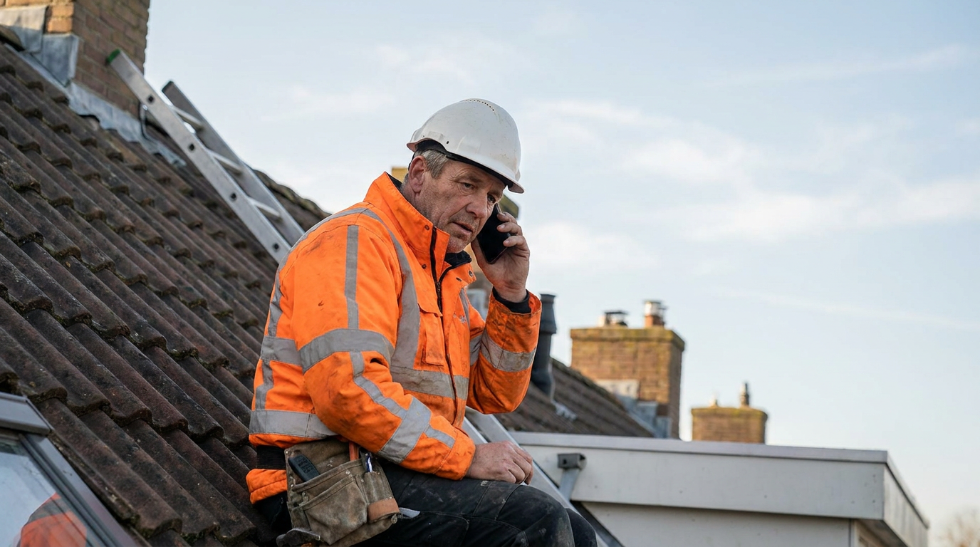 Dakdekker met helm en werkjas neemt op een dak de telefoon op om een spoedklus aan te nemen