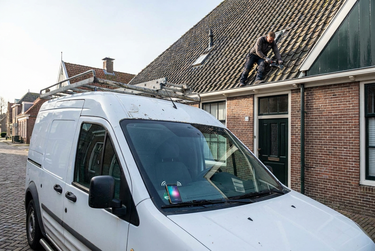 Bedrijfsbus van een dakdekker voor een huis terwijl de dakdekker op het dak werkt en de telefoon in de bus mist