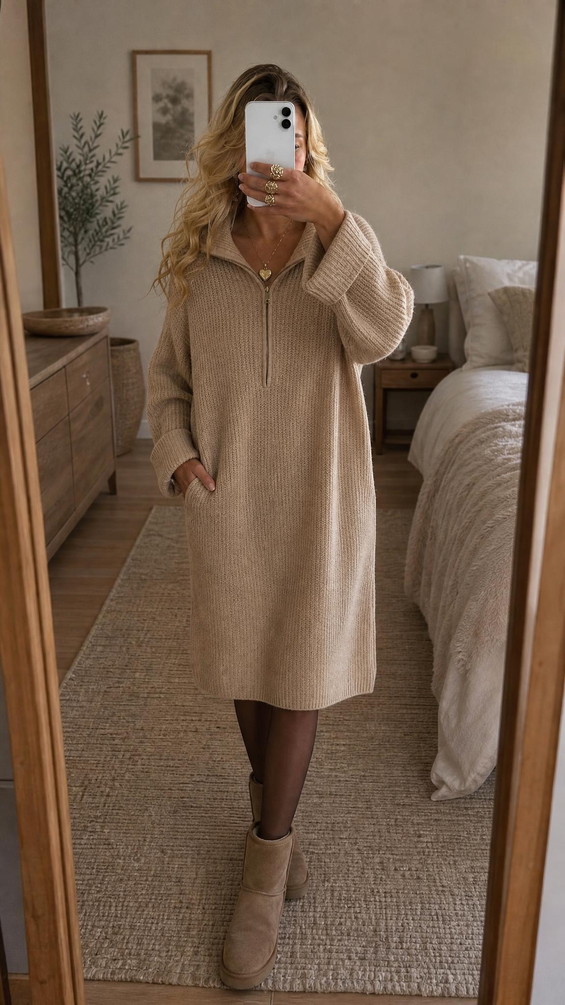 Holland Cooper Camel Quarter-Zip Oversized Knit Jumper XS