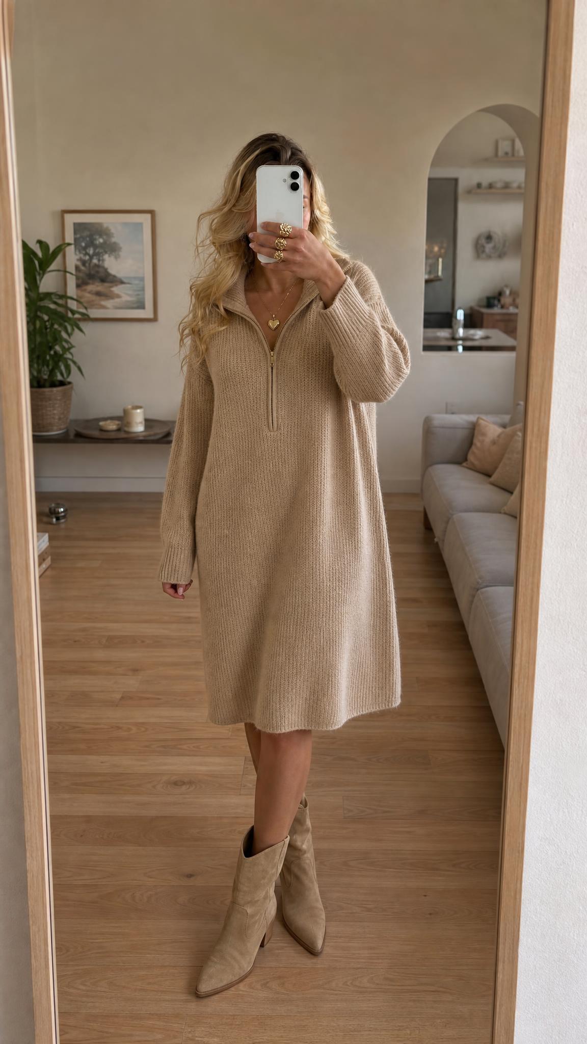 Holland Cooper Beige Chunky Knit Quarter-Zip Jumper