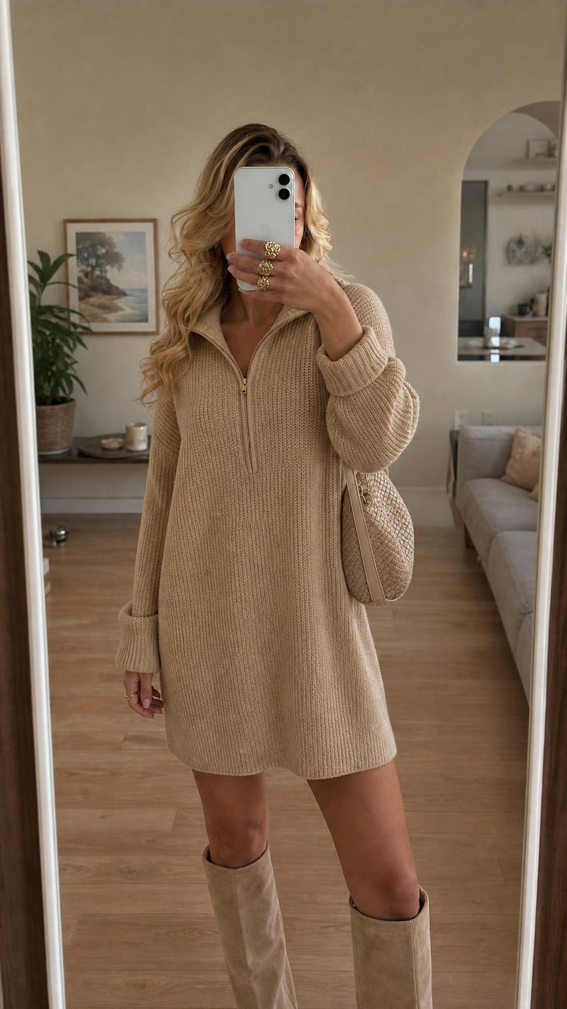 Holland Cooper Beige Chunky Knit Quarter-Zip Jumper