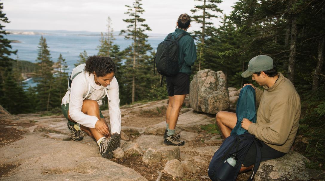 Backpack, hiking boots, and gear laid out for a trip