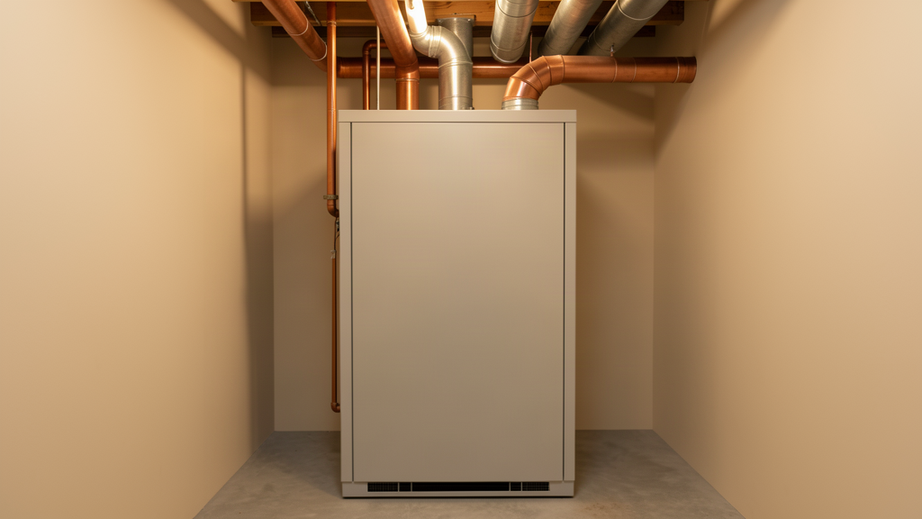 A modern residential furnace with copper piping in a clean basement utility room, warm soft lighting, subject-only composition with no people, no text, no logos