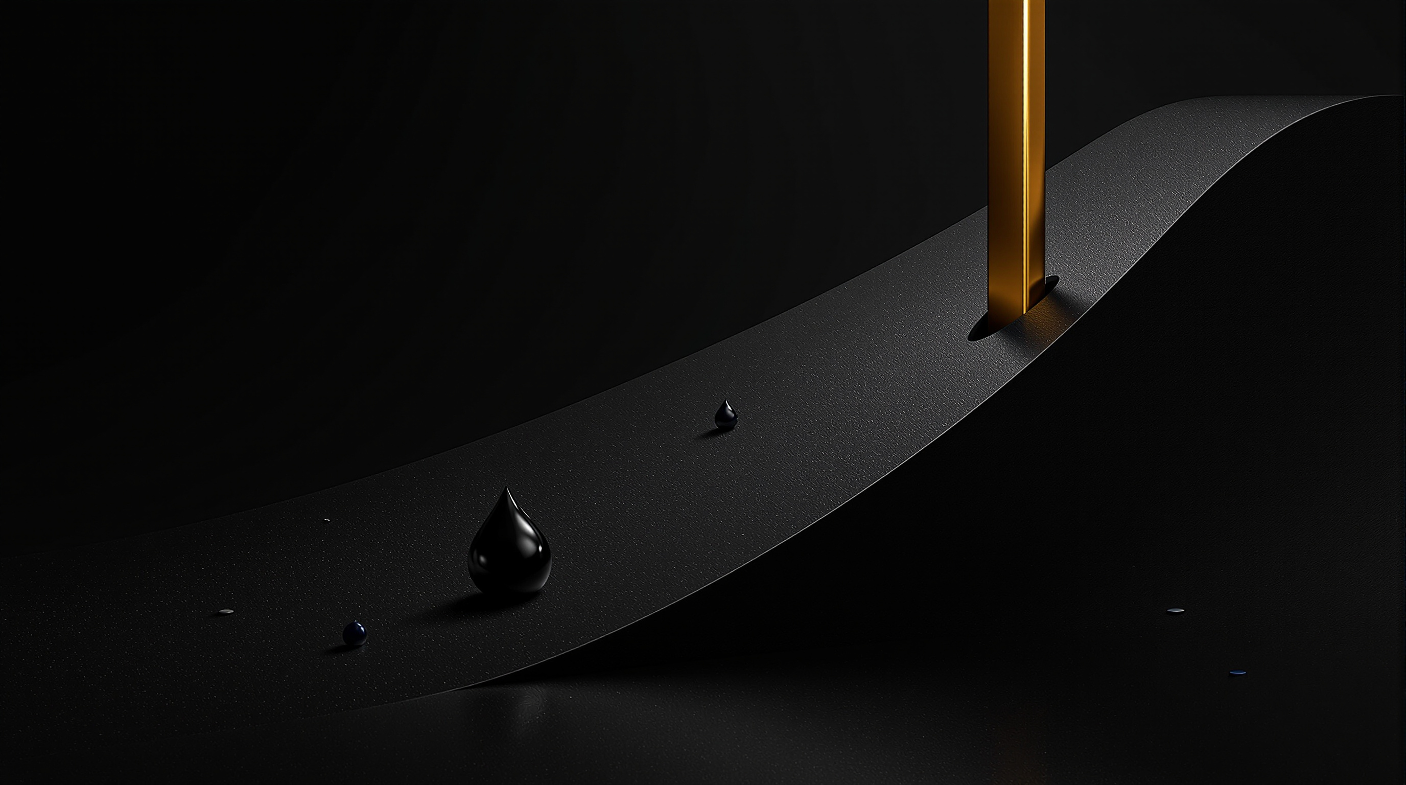 abstract still-life tableau — a sloping matte-black market plane, a slender burnished-gold spire, a polished black oil teardrop/wave, and scattered si — editorial cover artwork for the Knightron story on Stocks Slide As Treasury Yields Breach 5%, Oil Surges On Geo