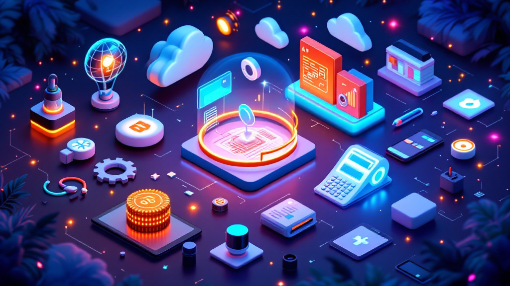 AI tools boosting small business productivity, featuring digital interfaces and futuristic technology elements