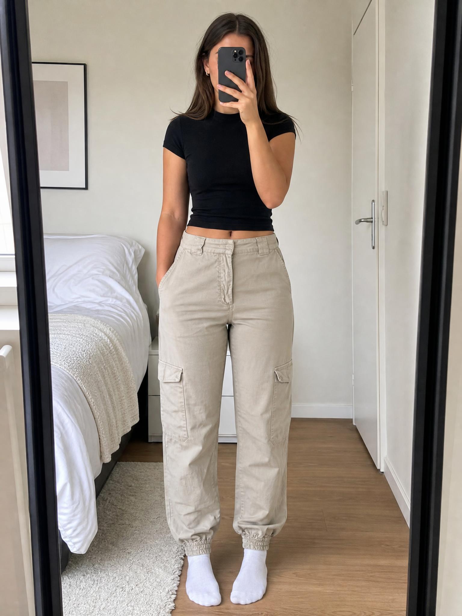 Beige cargo jogger trousers with elasticated cuffs – very good
