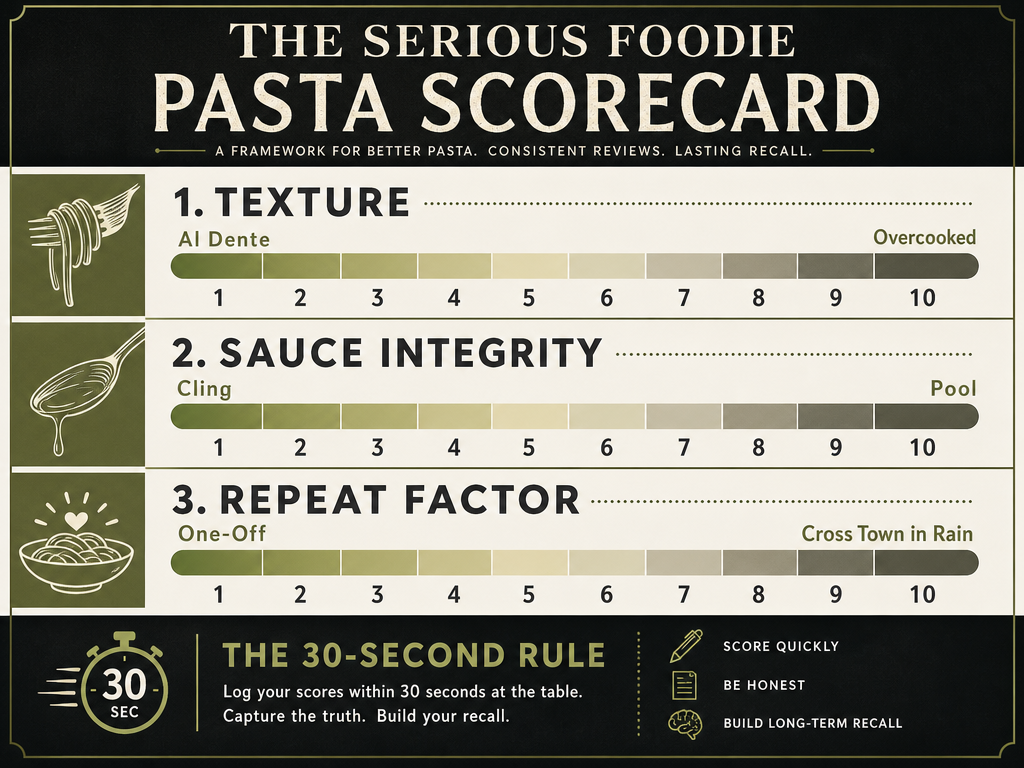 A pasta evaluation scorecard showing metrics for texture, sauce integrity, and repeat factor with a 1-10 progress bar scale for foodies.