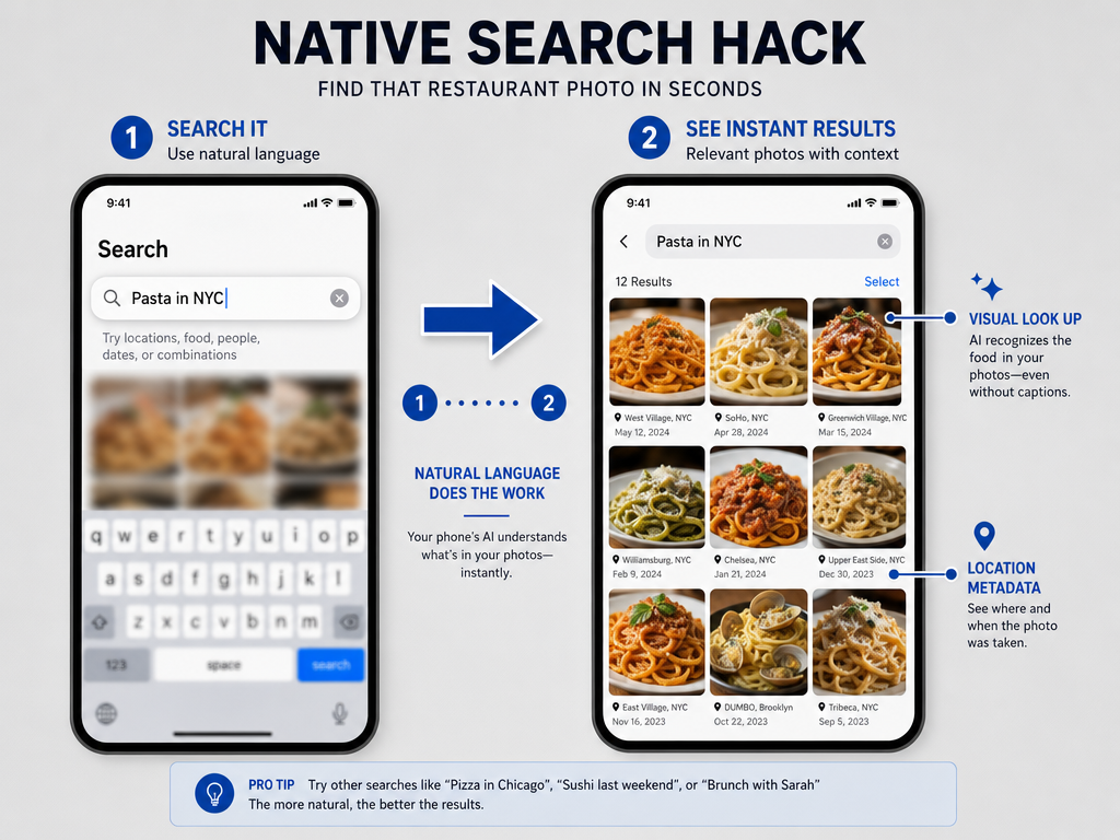 Infographic showing how to use smartphone photo search and location metadata to find specific pasta dishes by searching Pasta and City name.