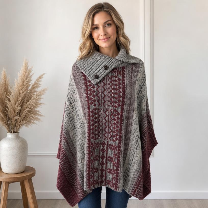 Fair Isle Knit Poncho Cape Grey Burgundy Cream