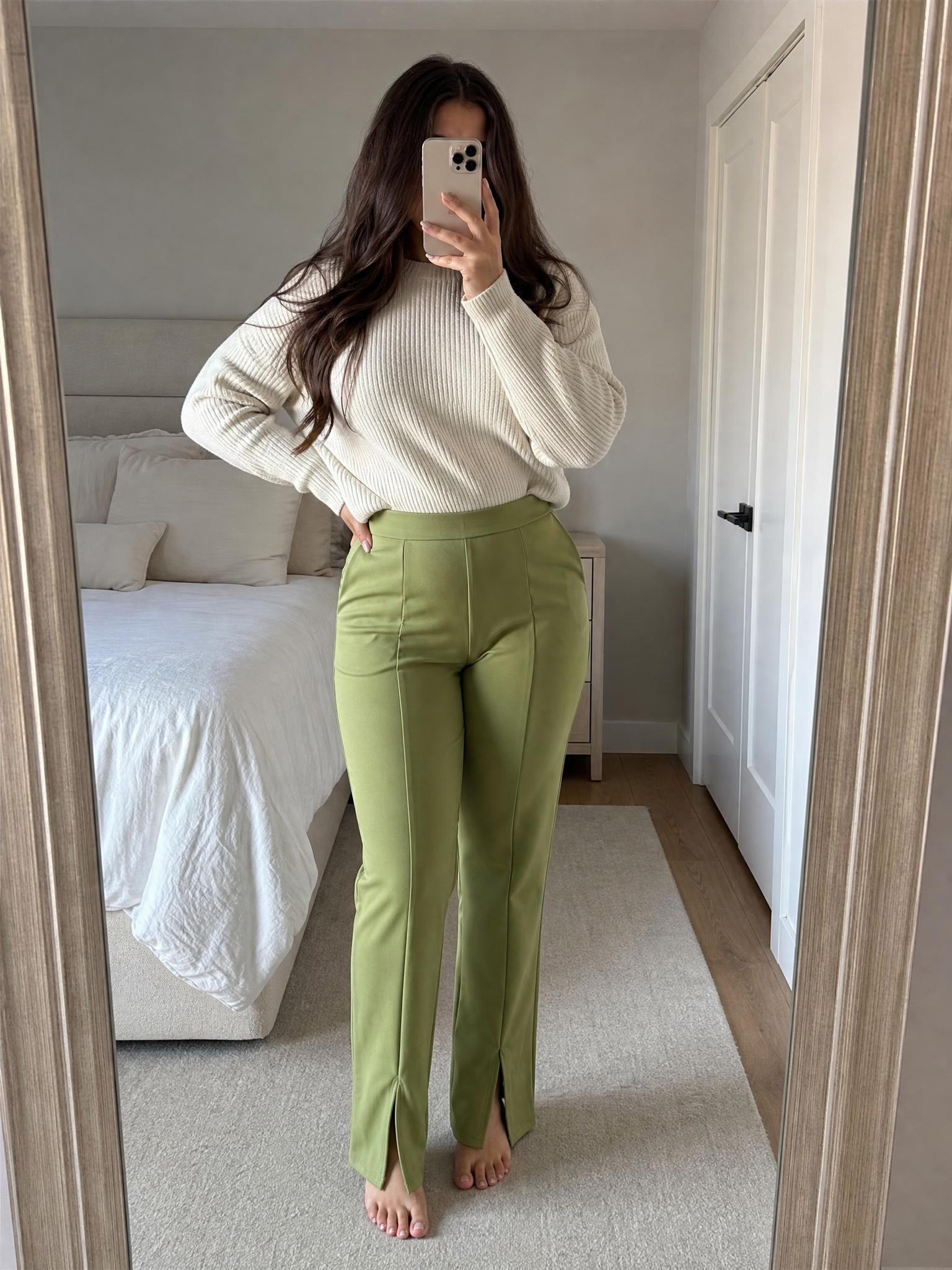 FLOUNCE sage green split-hem tailored trousers new