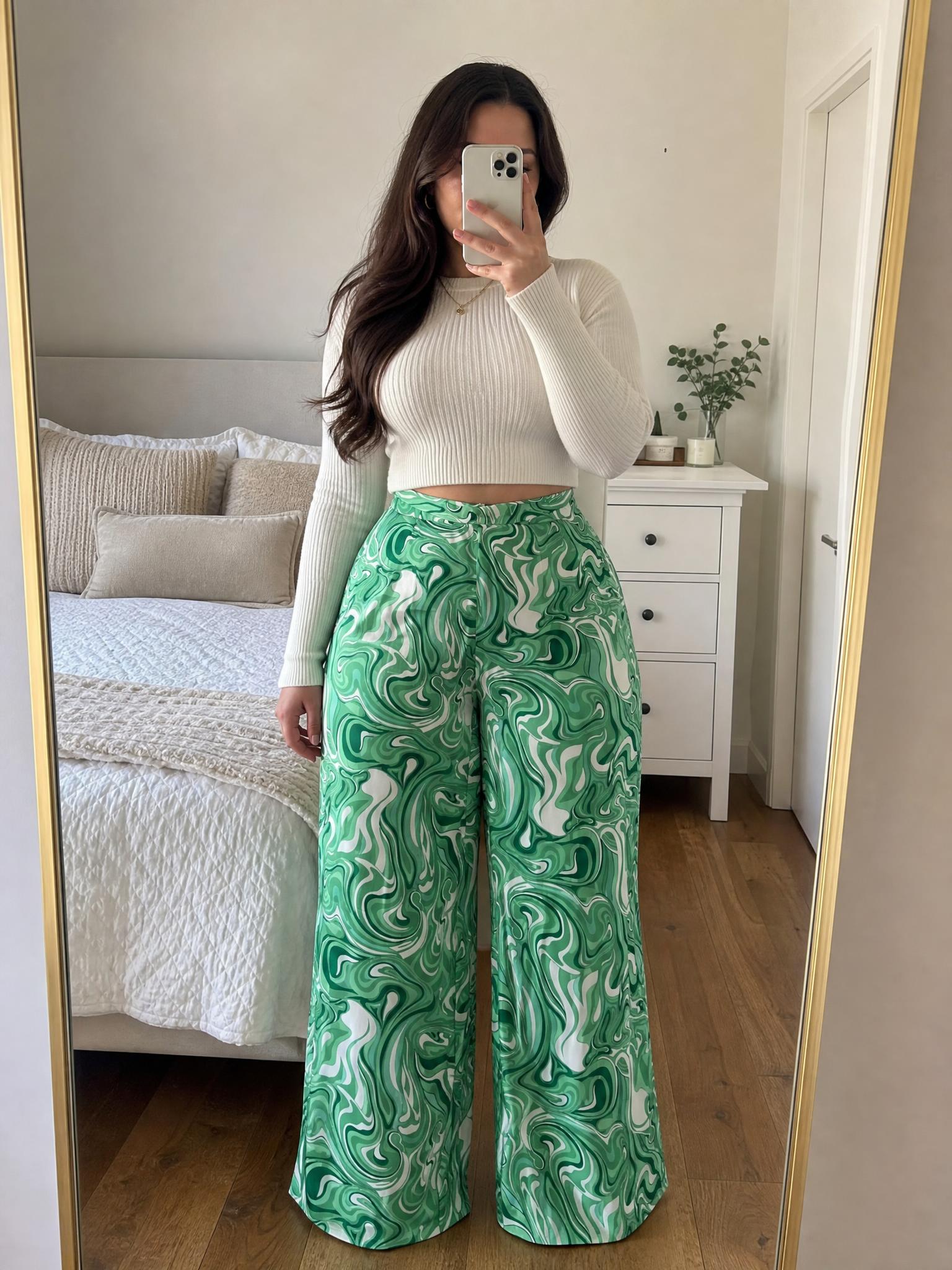 Green Abstract Swirl Wide-Leg Palazzo Trousers