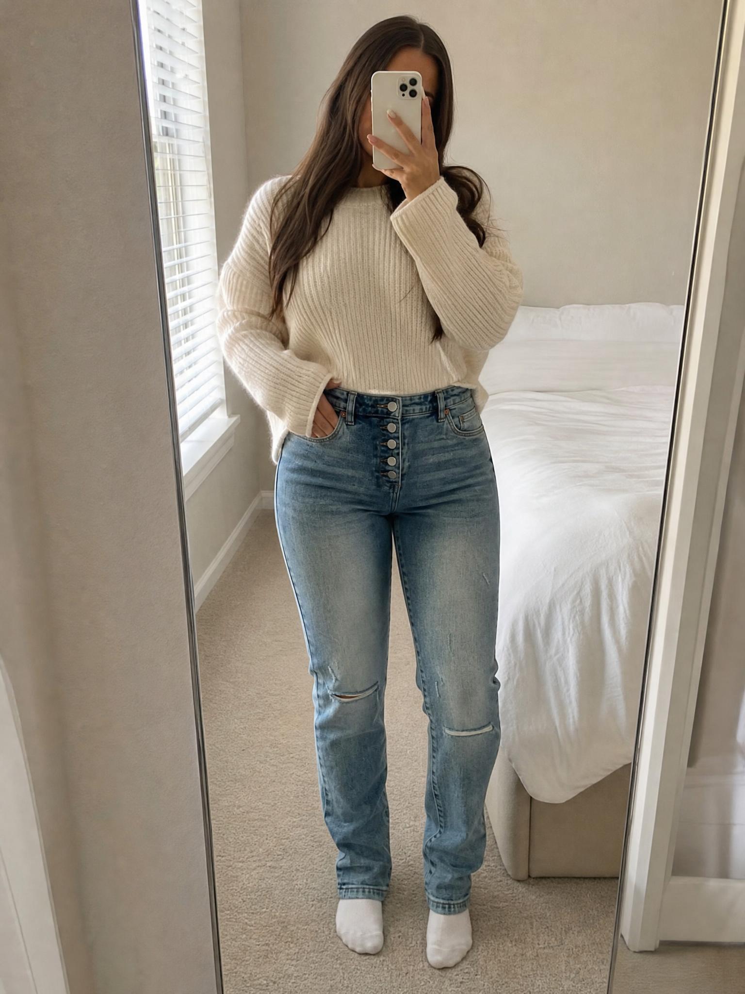 High-Waisted Light Blue Distressed Button-Fly Jeans – New