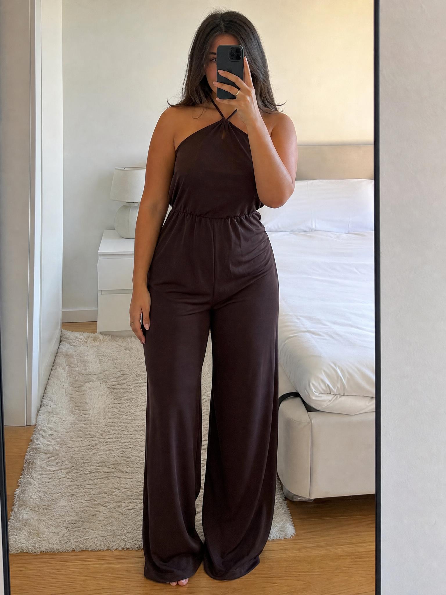 Monki brown satin-look halter wide-leg jumpsuit NWT