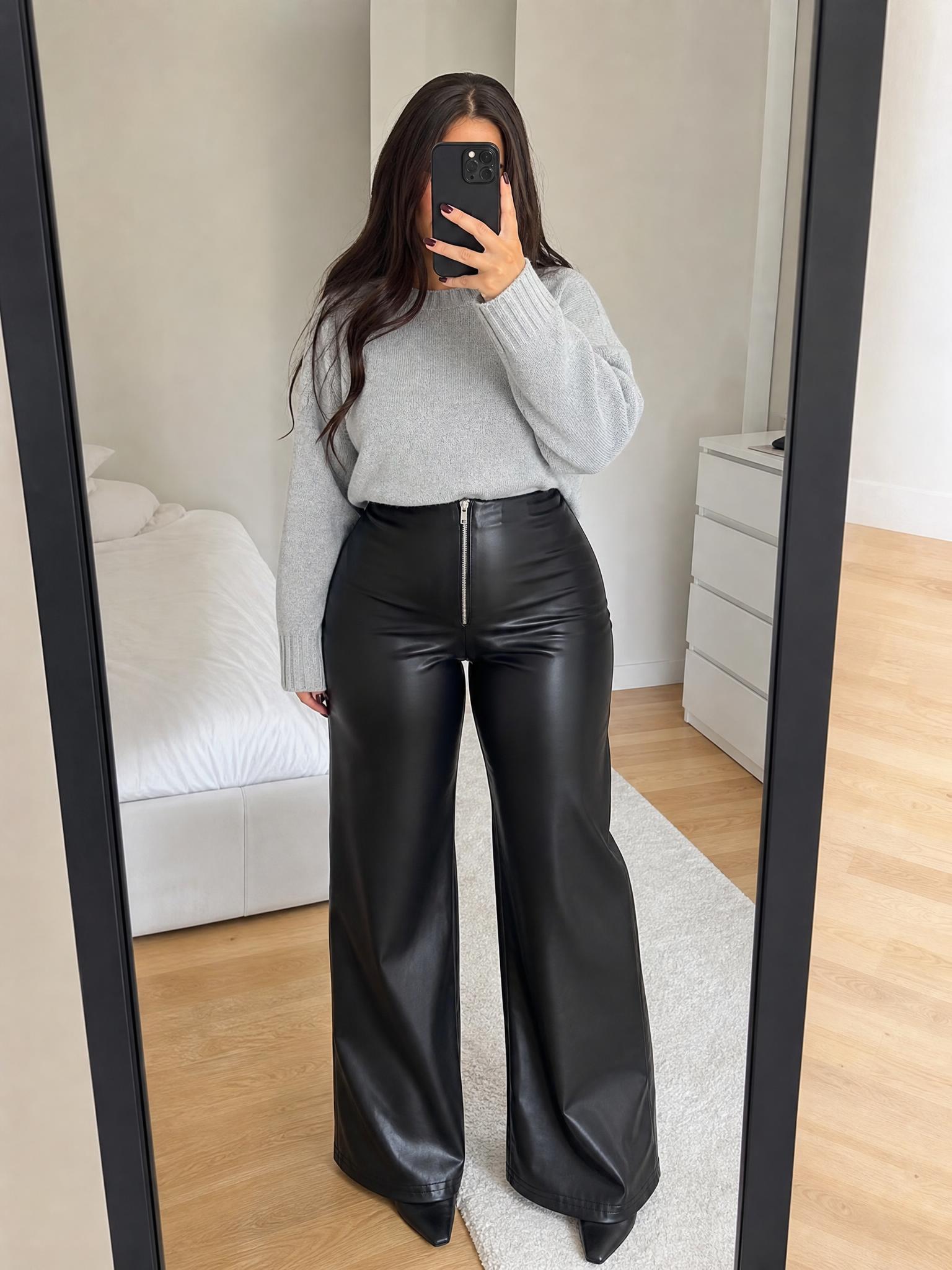 Black Faux Leather Wide-Leg Trousers New With Tags
