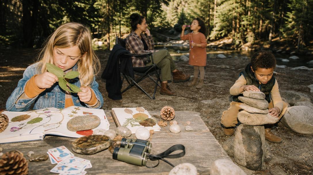 Children playing and exploring outdoors while camping
