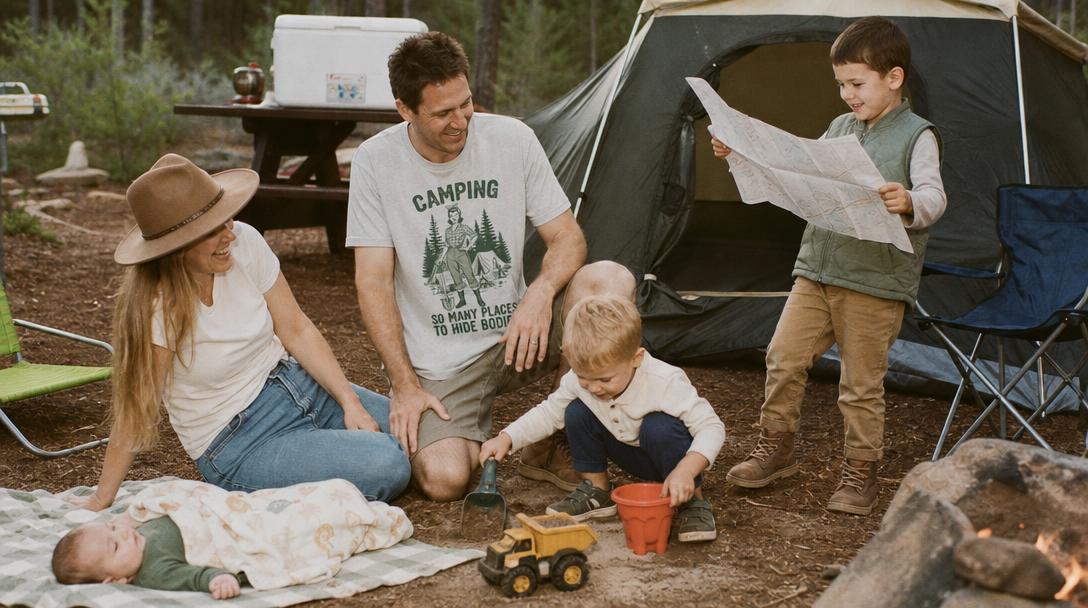 Family camping simple setup with tent and kids outdoors