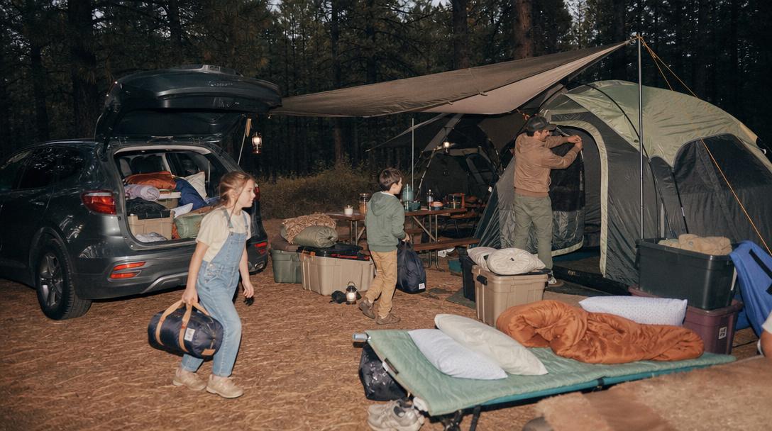 Organized camping gear and supplies ready for family trip